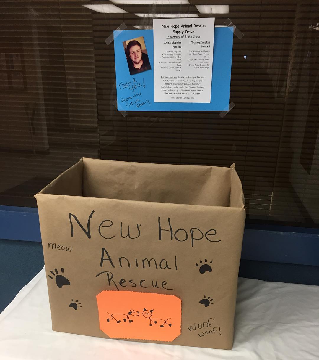 Stopping by the YMCA soon? Feel free to donate to our New Hope Animal Rescue donation box located right next to the front desk. These donations are placed in memory of Blake Crews. Be sure and check out the flyer a over the box for more details!