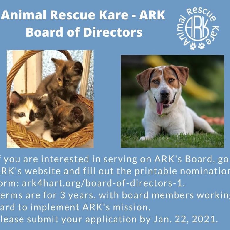 ARK is an all-volunteer group, with an all-volunteer Board of Directors.  If you would like to help plan, raise funds, make decisions, and do the work required to help ARK move into the future, you can nominate yourself for our Board. 

Just go to https://www.ark4hart.org/board-of-directors-1 and fill out the printable nomination form.  Be sure to return it by January 22, 2021.  The election is scheduled for March. 

<a target='_blank' href='https://www.instagram.com/explore/tags/ARK/'>#ARK</a>  <a target='_blank' href='https://www.instagram.com/explore/tags/ARKBOD/'>#ARKBOD</a>