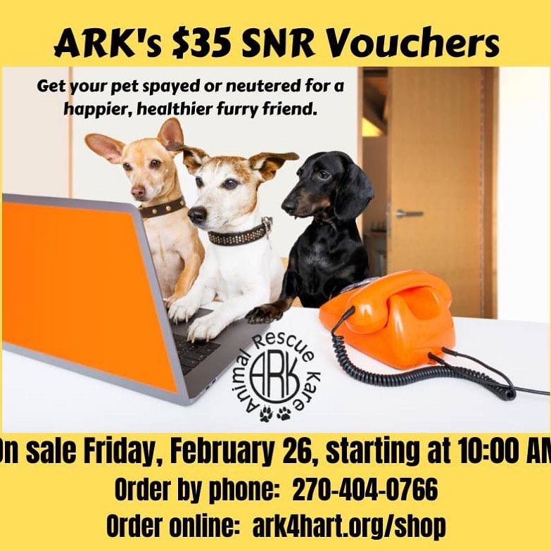 Next Friday!  These Spay and Neuter vouchers can be used at either of the vet clinics in Hart County. 

There will be 50 available - first come, first served.  PLEASE limit your order to one per household.  Let us know if you need more.  Offer good for Hart County residents. 

Call 270-404-0766 or order online at https://www.ark4hart.org/shop

<a target='_blank' href='https://www.instagram.com/explore/tags/ark4hart/'>#ark4hart</a> <a target='_blank' href='https://www.instagram.com/explore/tags/spay/'>#spay</a> <a target='_blank' href='https://www.instagram.com/explore/tags/neuter/'>#neuter</a> <a target='_blank' href='https://www.instagram.com/explore/tags/hartcountyky/'>#hartcountyky</a>