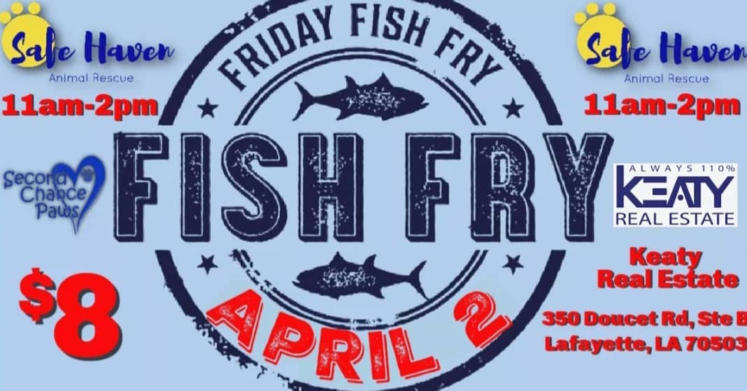 It's time for our annual Good Friday Fish Fry Fundraiser. April 2, 2021 
11am-2pm. It's a first come first served so come out and get you a plate before it's all gone. $8 plates include fried fish, french fries, hushpuppy,  Cole slaw from canes and a drink. We will also have sweets for purchase. 
@second_chance_paws
 @keatyrealestate  @raisingcanes <a target='_blank' href='https://www.instagram.com/explore/tags/supportlocalrescues/'>#supportlocalrescues</a> <a target='_blank' href='https://www.instagram.com/explore/tags/safehavenanimalrescue/'>#safehavenanimalrescue</a> <a target='_blank' href='https://www.instagram.com/explore/tags/secondchancepaws/'>#secondchancepaws</a> <a target='_blank' href='https://www.instagram.com/explore/tags/canes/'>#canes</a> <a target='_blank' href='https://www.instagram.com/explore/tags/rescuedogsrock/'>#rescuedogsrock</a> <a target='_blank' href='https://www.instagram.com/explore/tags/keatyrealestate/'>#keatyrealestate</a> <a target='_blank' href='https://www.instagram.com/explore/tags/friedfishplates/'>#friedfishplates</a>