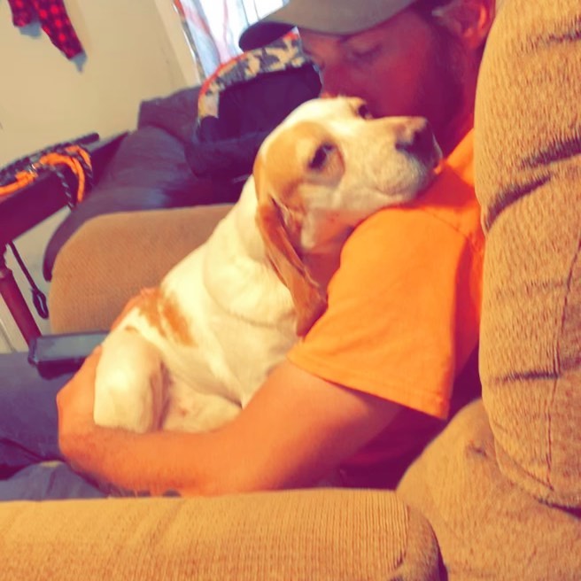 Adoptable Buster getting his nightly snuggles. https://www.petfinder.com/dog/buster-bo-51315871/pa/honey-brook/humble-hounds-animal-rescue-pa1131/