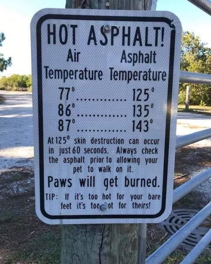 With the hot weather coming to us we ask that people please keep your dogs off the hot Asphalt.