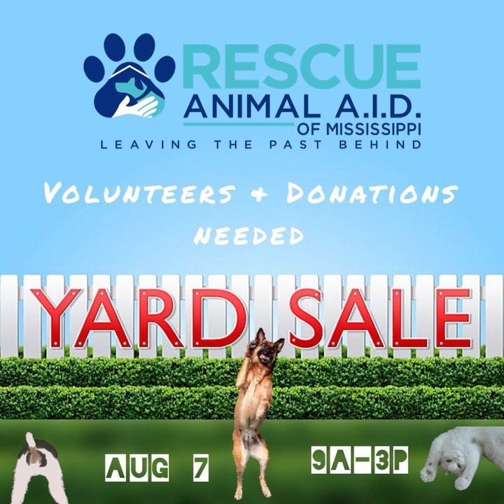 We'll be hosting a YARD SALE August 7, 9a-3p at 306 Highway 90 in Bay St. Louis and are in need of VOLUNTEERS and DONATIONS! 

Please contact misty@animalaidms.org if you're able to help. 🙏🏽

If you have items to donate, we can arrange for local Pass Christian-Gulfport-Bay St. Louis area pickup, too! 🚚