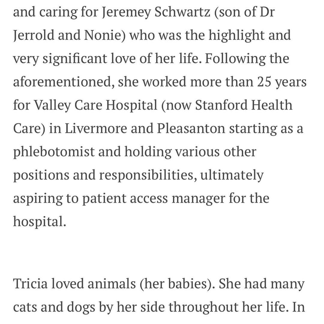 💙 It is with deep sorrow that we announce the loss of one of our dedicated volunteers, loving kitty adopters and friend.💙

Tricia Newman-Nincioni was a wonderful person we’re honored to have known who adopted her beloved cat Gentry “GG” from us in December of 2018. Six months later, Tricia became a dedicated volunteer and managed the kitty room at the Pet Supplies Plus on Country Club Blvd in Stockton ever since.  Tricia would come several times a week and complete the glamorous tasks of cleaning litter boxes, feeding, watering and then the very best part… giving and receiving love from the sweet souls waiting to be discovered by their future adoptive families. Tricia would often do meet and greets with potential adopters at that location as she began to know the kitties as well as their foster parents. Tricia would often make videos of her own kitties as well as the kitties at the store in an effort to get them exposure and post on her TikTok account @tricia.n.n  Tricia was a fellow animal lover and just an all round terrific person.

I was honored to have been invited to the family home for a celebration of life gathering this past Saturday and it was evident how much she was loved and that she’d lived a beautiful life.  She will be missed by SO many, including the kitties she would share her time and love with.  God bless her family who miss her terribly.  We’re so grateful and blessed to have known and worked with her. 💙