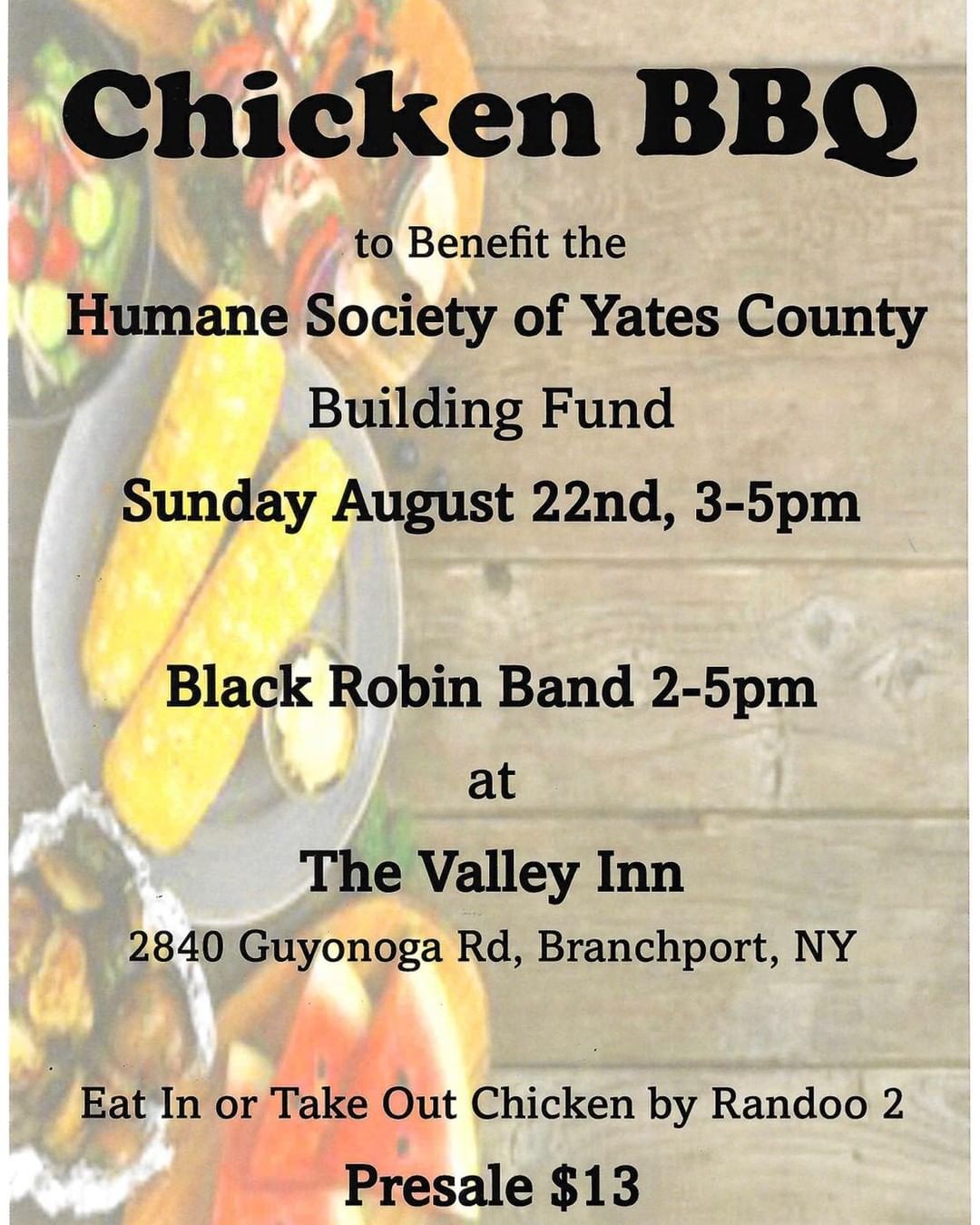 A kind Chicken BBQ held at the Valley Inn to benefit The Shelter of Hope. 💜
Presale tickets being sold here and at the Valley Inn!