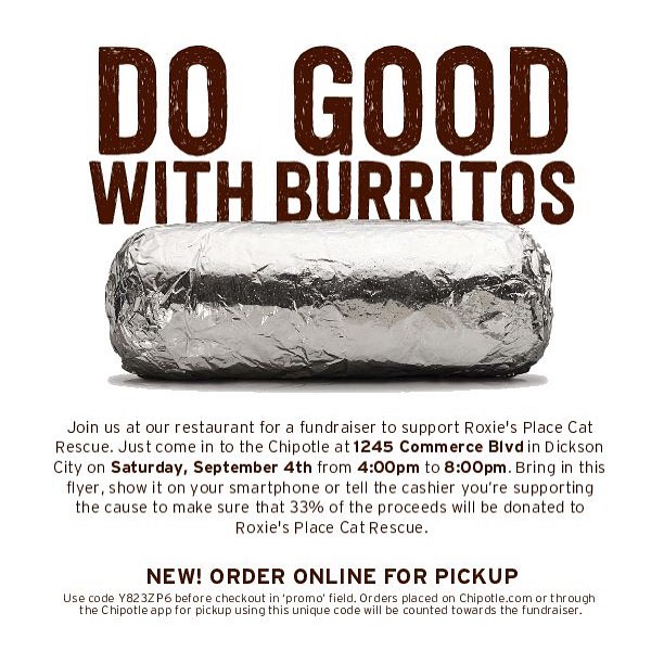 Join us 4-8pm Saturday 9/4/21 at Chipotle in Dickson City! Enjoy a meal and support the shelter kitties 😻 If ordering online to pick up, use code Y823ZP6. (Not eligible for delivery) Thanks so much for your support!