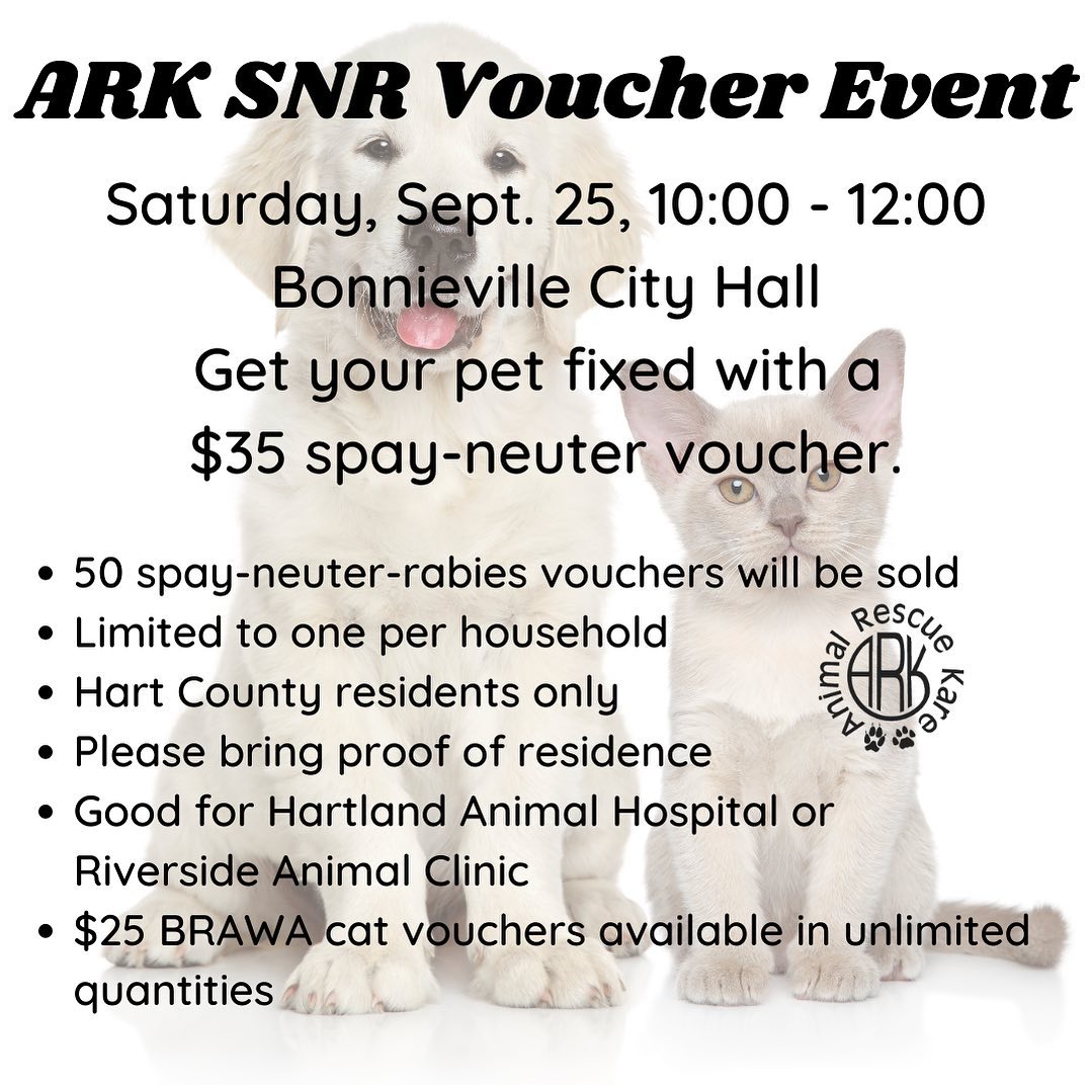 This Saturday in Bonnieville - get a low-cost spay-neuter-rabies voucher for your furry friend. <a target='_blank' href='https://www.instagram.com/explore/tags/ark4hart/'>#ark4hart</a>