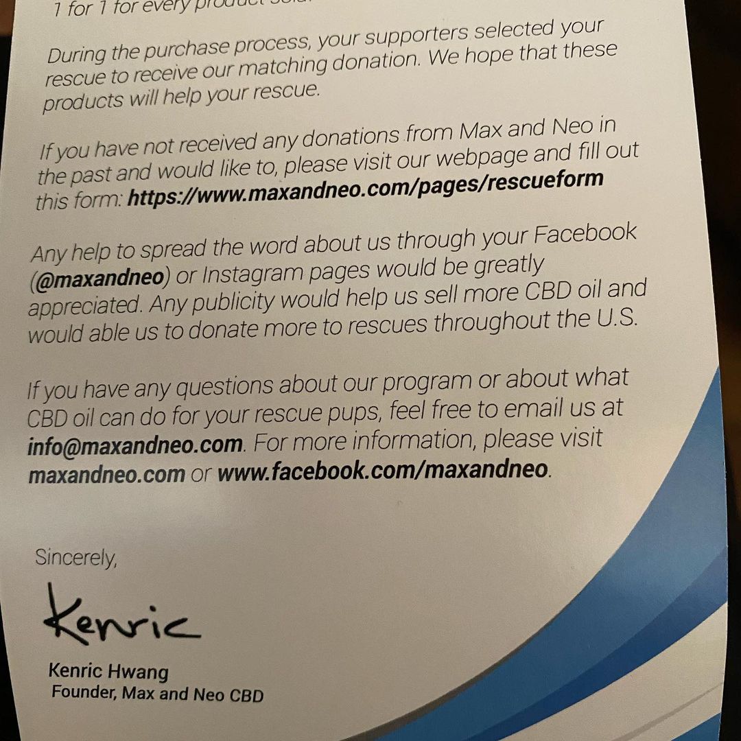 Thank You @maxandneo!  We just got This unexpected CBD Bottle Donation!  They have an amazing program where when you buy something from them, they donate the exact item to a rescue!! How amazing is that?  Please FOLLOW them, or better yet, purchase some items from them at www.maxandneo.com and we would So appreciate it if you mentioned Freedom Rescue as the recipient of the Donated items! ♥️. Thank You again @MaxandNeo for this amazing program