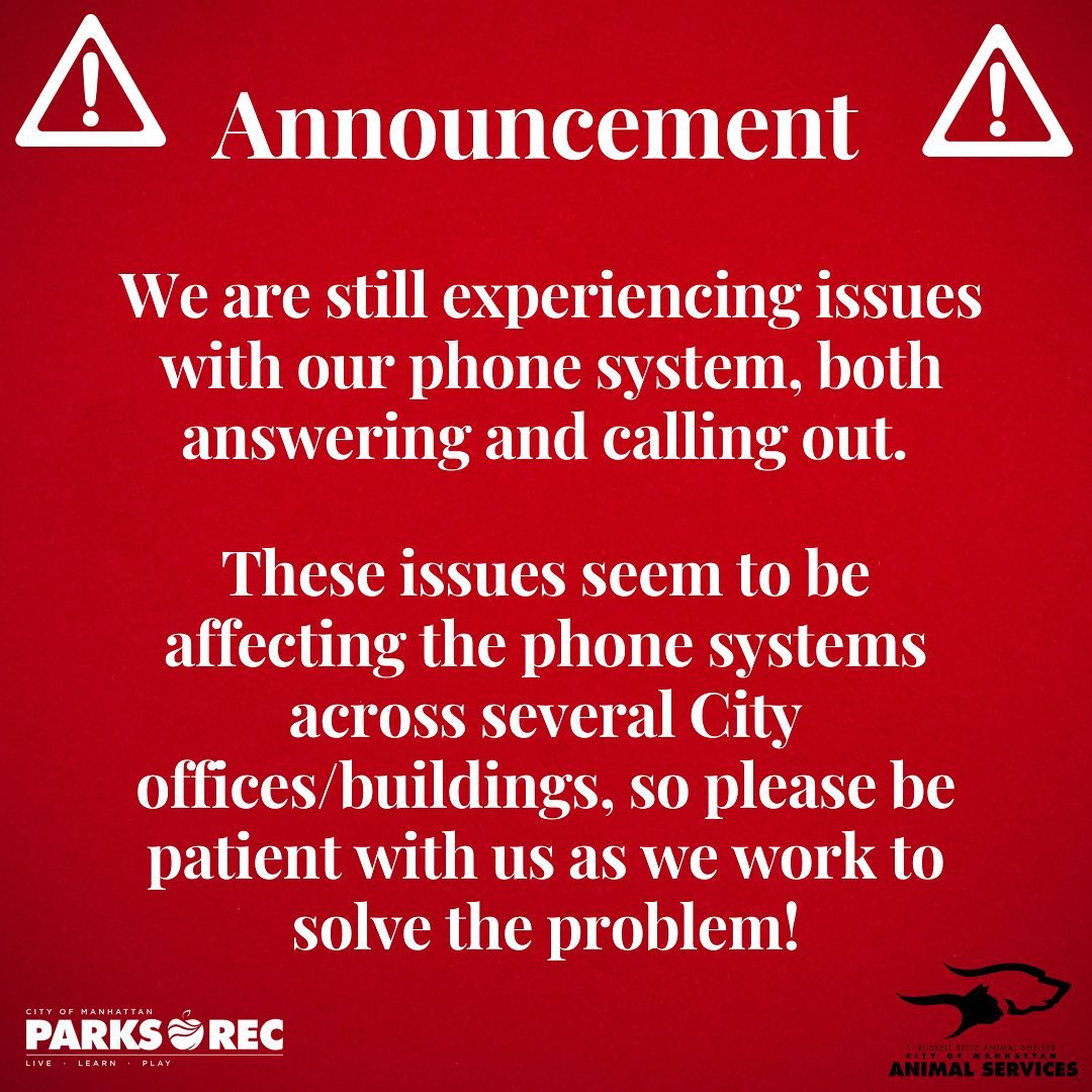 Heads up! Turns out we are having systematic issues with our phones across many City departments. Our IT team is aware of the problem and working to get it solved as quickly as possible, so please be patient with us if you are trying to reach us by phone. We are open Mon-Sat from 1-5pm or you can email us at animalshelter@cityofmhk.com. Thank your for your patience and continued support!