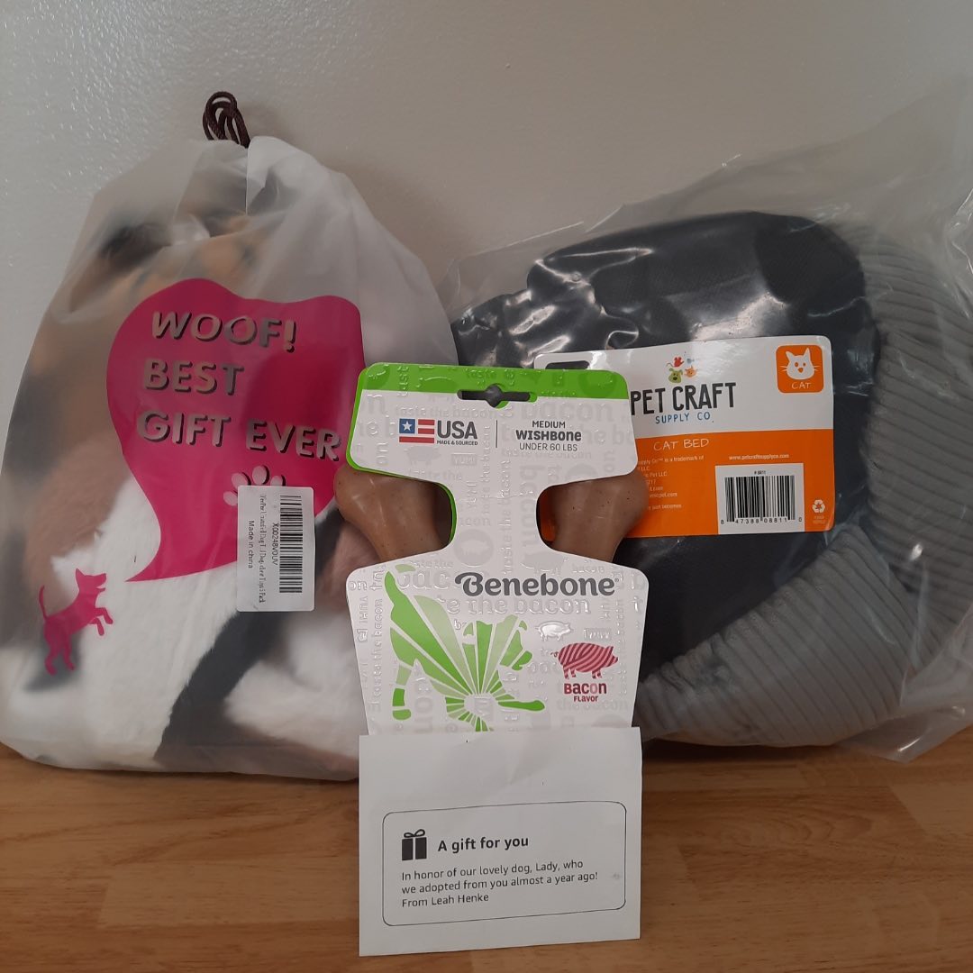 Shout out to Leah Henke for this Amazon donation!  We really appreciate your donation! If anyone else is interested in donating supplies, our top needs right now are dog enrichment toys (our dogs are getting bored so they could use some new and exciting toys!) and small cat beds!