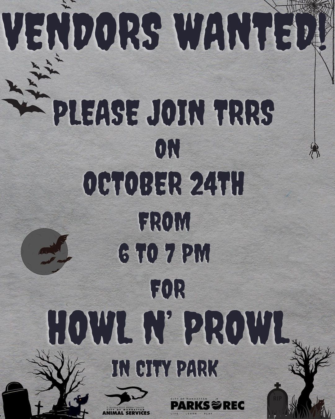 We are still looking for vendors to join us at Howl N’ Prowl! We will have booths set up all around city park for folks to take their pups trick-or-treating, so if you’d like to be a part of the fun, let us know! You can contact our event coordinator at asvolunteer@cityofmhk.com. There is no fee to participate, we just have you to fill out a vendor agreement form, and will let you know where you’ll be stationed when we get closer to the actual date!