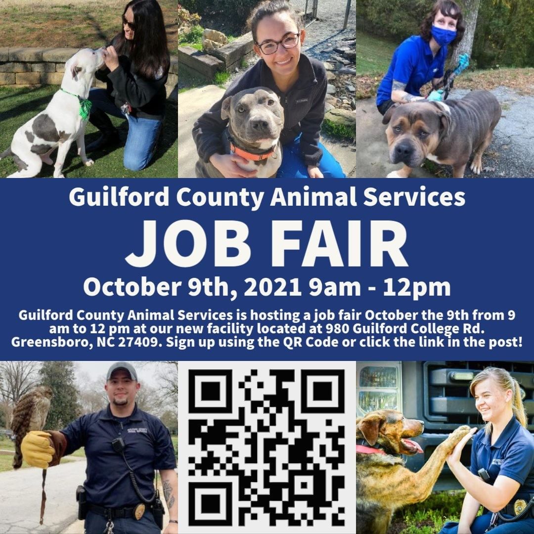 Join Guilford County Animal Services at our new location at 980 Guilford College Rd. Greensboro, NC 27409 for a job fair on Saturday, October 9th 2021 from 9am to 12pm! We will be holding open interviews for our available positions!

You can view open positions for Animal Services at: https://www.governmentjobs.com/careers/guilfordnc

You can sign up for an interview slot at 
https://www.signupgenius.com/go/10C0F4DAEA82EAAF8C34-guilford

We look forward to seeing you all there!
