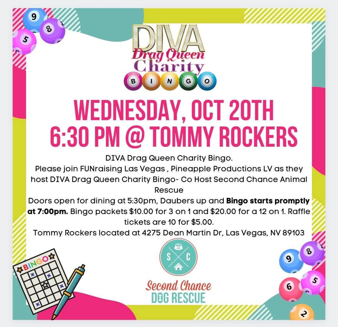 We’re only 2 days away from our favorite fundraiser!
Join us this Wednesday for a very fun night to help save the puppies! 

There will be great food and drink specials, and TONS of awesome prizes. 

We’ll be live auctioning off a pair of Golden Knights Tickets, valued at $400! and our bingo prizes include gift cards, wine, alcohol, and tons of other fun stuff! 

The event starts promptly at 7, so we recommend arriving early to get some food and drinks and save yourself a good spot! 

Located at the amazing Tommy Rocker's, at 4275 Dean Martin Dr Las Vegas, NV 89103