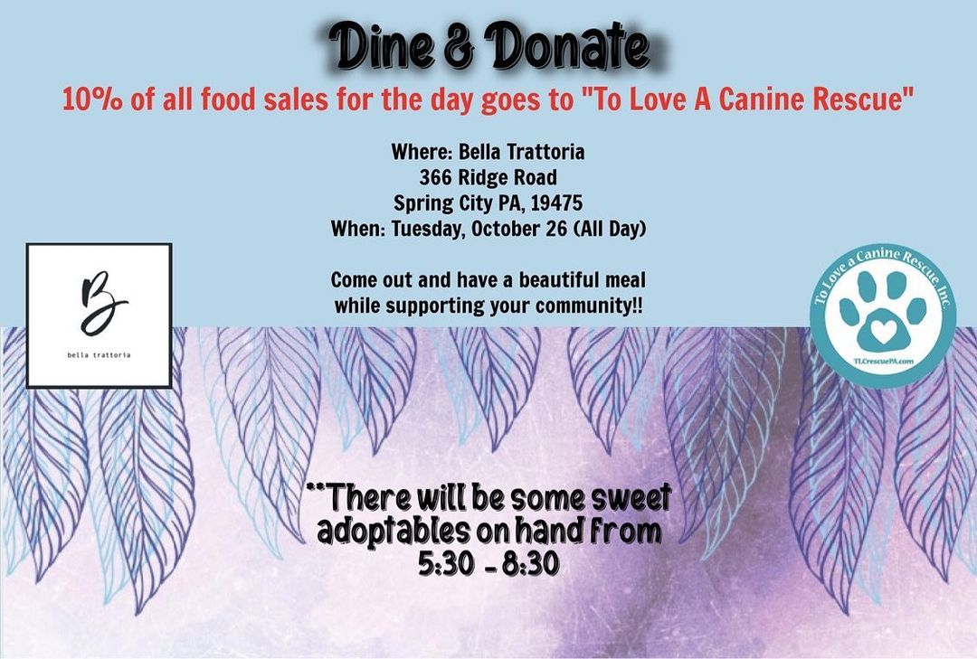 Have dinner plans for next Tuesday 10/26 yet? We have an idea 🙂!!!! Come out to @bellaspringcity from 3:30pm - 9pm for a Dine and Donate! We will even have a few adoptable dogs there from 5:30pm - 8:30pm (weather permitting)!! 

View their menu at:
bellatrattoriasc.com/fallmenu

We hope to see you there!!