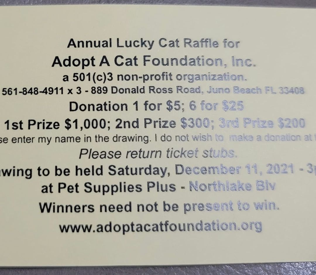 Come out to <a target='_blank' href='https://www.instagram.com/explore/tags/PetSuppliesPlus/'>#PetSuppliesPlus</a> to buy some Raffle Tickets from volunteer Joanne Gonnella for Adopt a Cat Foundation's Biggest Fundraiser! You can win B.I.G. M.O.N.E.Y. in our raffles and the odds are WAY better than the Lotto! Joanne will be here until around 4 p.m., after which you can buy them from Stacey deLucia in <a target='_blank' href='https://www.instagram.com/explore/tags/TheAdoptionZone/'>#TheAdoptionZone</a> !

<a target='_blank' href='https://www.instagram.com/explore/tags/adoptacatfoundation/'>#adoptacatfoundation</a> <a target='_blank' href='https://www.instagram.com/explore/tags/adoptacat/'>#adoptacat</a> <a target='_blank' href='https://www.instagram.com/explore/tags/Petsuppliesplus/'>#Petsuppliesplus</a> <a target='_blank' href='https://www.instagram.com/explore/tags/adoptacatresale/'>#adoptacatresale</a> <a target='_blank' href='https://www.instagram.com/explore/tags/raffletickets/'>#raffletickets</a> <a target='_blank' href='https://www.instagram.com/explore/tags/cats/'>#cats</a>