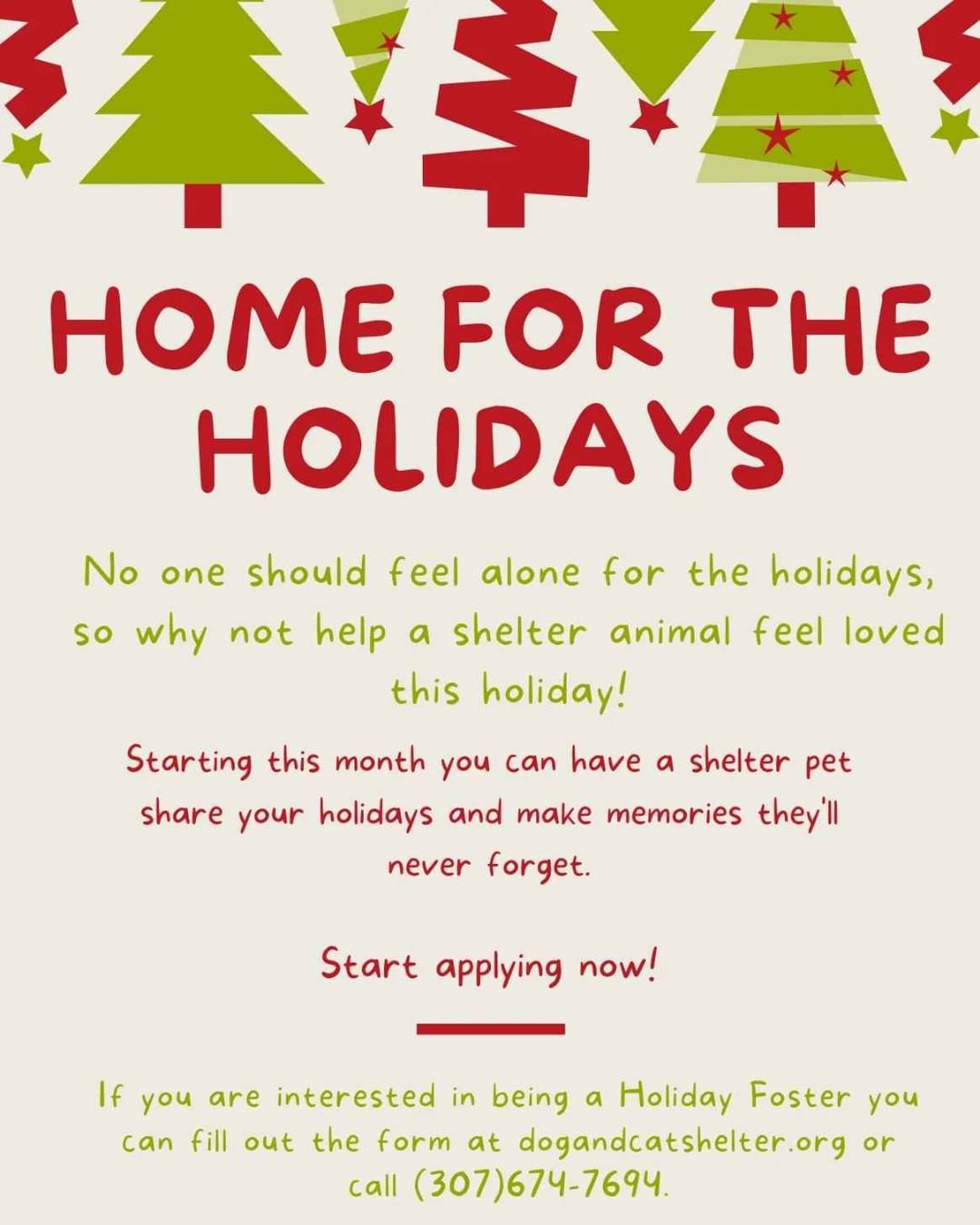 It’s time for Home For The Holidays!!🎄🎅
.
.
.
If you and your family would like to help us clear the shelter for the holidays this year, get in contact with us today!!✨