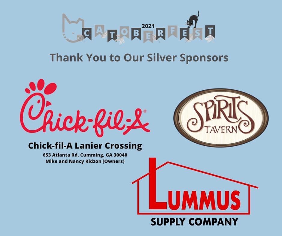 We're so grateful to Catoberfest sponsors Chick-fil-A Lanier Crossing, Spirits Tavern, and Lummis Supply Company. Thank you for helping us save more cats! 

We hope you'll join us Saturday, Oct. 30 at Fowler Park in Cumming. Great BBQ - Great Music - and Great People working for a Great Cause!

Learn more here:  https://www.fcpga.org/catoberfest/