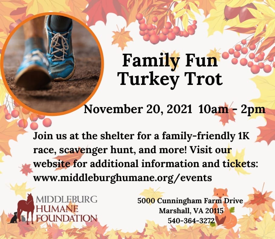 Join us Saturday, November 20th for our Family Fun Turkey Trot! 🦃🏃<a target='_blank' href='https://www.instagram.com/explore/tags/turkeytrot/'>#turkeytrot</a> <a target='_blank' href='https://www.instagram.com/explore/tags/thanksgiving/'>#thanksgiving</a> <a target='_blank' href='https://www.instagram.com/explore/tags/familyfun/'>#familyfun</a> <a target='_blank' href='https://www.instagram.com/explore/tags/middleburghumanefoundation/'>#middleburghumanefoundation</a>