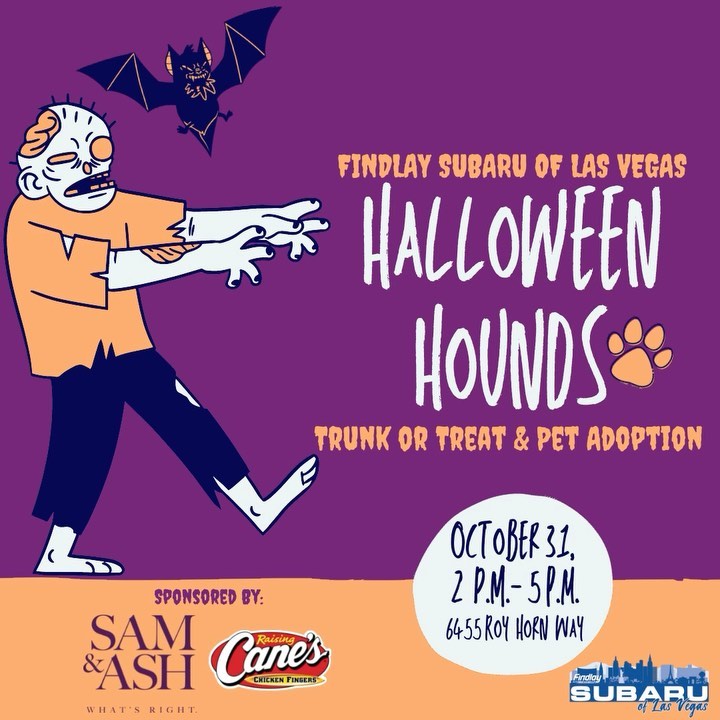 Don’t forget to come out to @subaru_lv this Halloween Sunday from 2pm - 5pm for a ghoulish good time! 🎃🦴🕸⁣
⁣
Subaru of Las Vegas is hosting Halloween Hounds along with @samandashlaw and @raisingcanes! Enjoy trunk-or-treating with the kids and adopt your furry new best friend! Nevada SPCA will be there along with several other of our local rescue group friends with pups that are all looking for loving new homes. 👻🐾💀⁣💜
•⁣
•⁣
•⁣
<a target='_blank' href='https://www.instagram.com/explore/tags/findhappiness/'>#findhappiness</a> <a target='_blank' href='https://www.instagram.com/explore/tags/opttoadopt/'>#opttoadopt</a> <a target='_blank' href='https://www.instagram.com/explore/tags/halloweenhounds/'>#halloweenhounds</a> <a target='_blank' href='https://www.instagram.com/explore/tags/halloween/'>#halloween</a> <a target='_blank' href='https://www.instagram.com/explore/tags/trunkortreat/'>#trunkortreat</a> <a target='_blank' href='https://www.instagram.com/explore/tags/subarulovespets/'>#subarulovespets</a> <a target='_blank' href='https://www.instagram.com/explore/tags/adoptdontshop/'>#adoptdontshop</a> <a target='_blank' href='https://www.instagram.com/explore/tags/shelterdog/'>#shelterdog</a> <a target='_blank' href='https://www.instagram.com/explore/tags/shelterdogsofinstagram/'>#shelterdogsofinstagram</a> <a target='_blank' href='https://www.instagram.com/explore/tags/adoptashelterdog/'>#adoptashelterdog</a> <a target='_blank' href='https://www.instagram.com/explore/tags/rescuedismyfavoritebreed/'>#rescuedismyfavoritebreed</a> <a target='_blank' href='https://www.instagram.com/explore/tags/lasvegas/'>#lasvegas</a> <a target='_blank' href='https://www.instagram.com/explore/tags/vegas/'>#vegas</a> <a target='_blank' href='https://www.instagram.com/explore/tags/spca/'>#spca</a> <a target='_blank' href='https://www.instagram.com/explore/tags/nevadaspca/'>#nevadaspca</a>