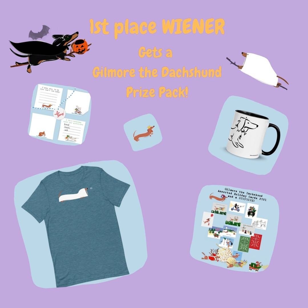 For our first prize Wiener, everything's coming up GILMORE! Just look at these great items that you can win from @gilmorethedachshund 😮😍❤️

Our winners don't just get medals and bragging rights, some pretty great vendors step up to donate items, (some their time and artistry, too!) to help run a fun event for all us doxie-obsessed do-gooders! 🐶

We are so grateful they are here to support the weens at KDR and make this a fun and enjoyable event for our community.

What are you waiting for?! If you haven't entered yet, there's still time! The event ends Sunday at 5pm EST, so see our <a target='_blank' href='https://www.instagram.com/explore/tags/linkinbio/'>#linkinbio</a> to get in on the fun! 🎉🎉🎉

<a target='_blank' href='https://www.instagram.com/explore/tags/adoptdontshop/'>#adoptdontshop</a> <a target='_blank' href='https://www.instagram.com/explore/tags/foragoodcause/'>#foragoodcause</a> <a target='_blank' href='https://www.instagram.com/explore/tags/gilmorethedachshund/'>#gilmorethedachshund</a> <a target='_blank' href='https://www.instagram.com/explore/tags/doxielover/'>#doxielover</a> <a target='_blank' href='https://www.instagram.com/explore/tags/boo/'>#boo</a> <a target='_blank' href='https://www.instagram.com/explore/tags/halloweenie/'>#halloweenie</a> <a target='_blank' href='https://www.instagram.com/explore/tags/doxieobsessed/'>#doxieobsessed</a> <a target='_blank' href='https://www.instagram.com/explore/tags/loveisadachshund/'>#loveisadachshund</a> <a target='_blank' href='https://www.instagram.com/explore/tags/dachshundrescue/'>#dachshundrescue</a> <a target='_blank' href='https://www.instagram.com/explore/tags/saveallthedogs/'>#saveallthedogs</a> <a target='_blank' href='https://www.instagram.com/explore/tags/rescueallthedogs/'>#rescueallthedogs</a> <a target='_blank' href='https://www.instagram.com/explore/tags/halloweenfundraiser/'>#halloweenfundraiser</a>