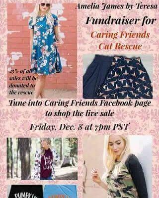 Join us on our Facebook page!! Our Facebook Live Fundraiser is at 7pm pacific standard time this Friday December 8!! Come watch us LIVE and shop for clothing gifts for Christmas! You wont find these items in stores and 25% of proceeds will be donated to Caring Friends Cat Rescue!! Thank you!!