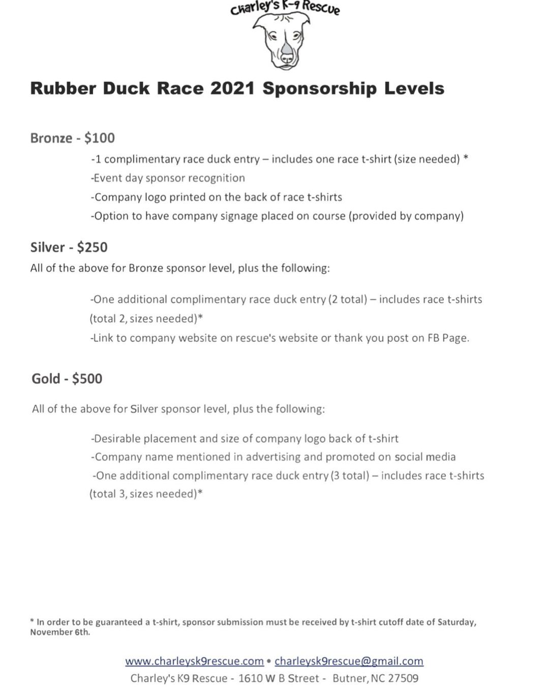 If any of our supporters have their own business or know of any local business that want to sponsor our first ever rubber duck race, we’d love to hear from you. We’ll be selling T-shirts for the race and the back of the shirt is the perfect canvas to advertise our supporters.