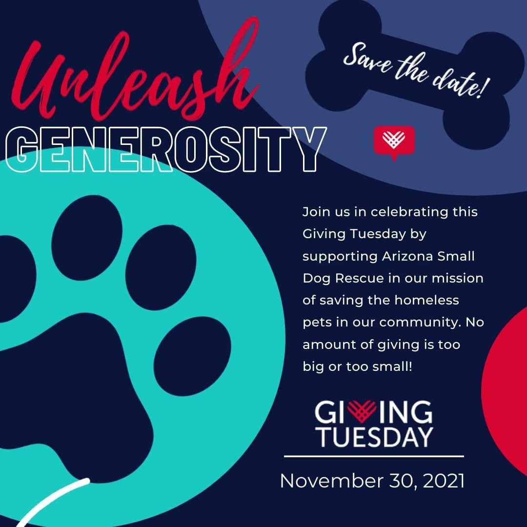 SAVE THE DATE!!! 🥳

<a target='_blank' href='https://www.instagram.com/explore/tags/GivingTuesday/'>#GivingTuesday</a> is coming soon and we can use your support now more than ever before! On November 30, 2021, please join us in celebrating this international day of giving by showing your support of Arizona Small Dog Rescue. More details to follow, stay tuned for updates! ❤🐾🐕