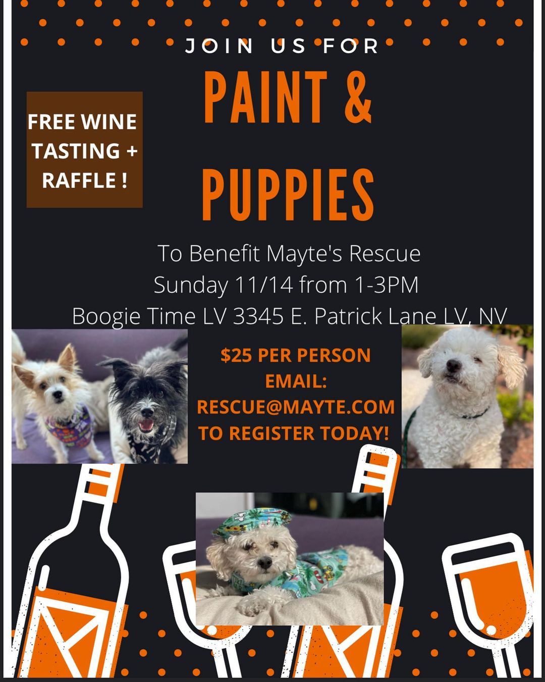 November 14 from 1-3 Join us we have a certified art instructor , wine and puppies!! What a great day! Make your reservation today email rescue@mayte.com and give us a headcount and easel count :) <a target='_blank' href='https://www.instagram.com/explore/tags/adoptdontshop/'>#adoptdontshop</a>