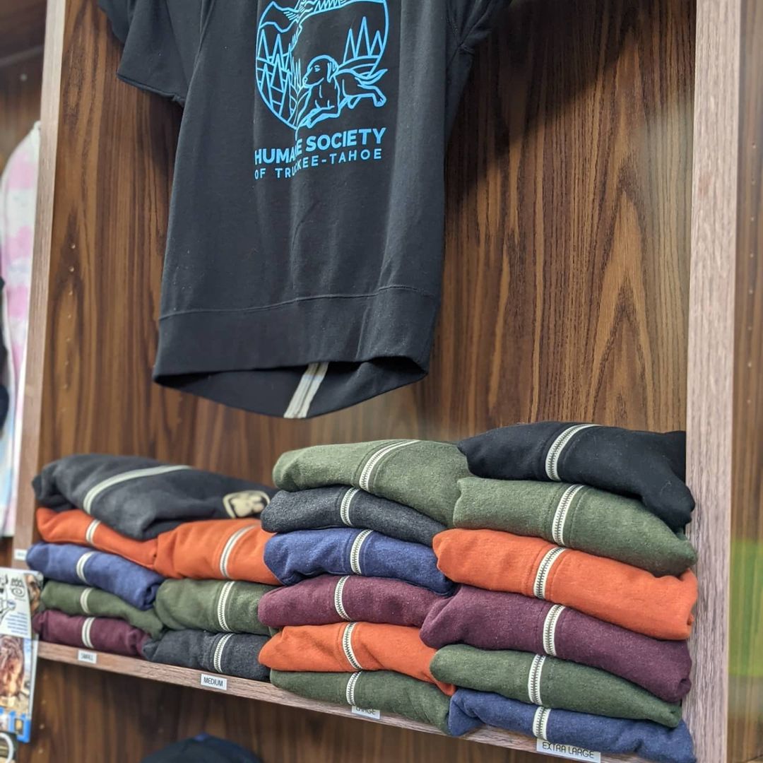 We've restocked the Truckee Shelter Merch Shelves with all of our new sweatshirts, fun gifts and pet supplies! Come in Mon-Sat 1-6pm or shop online.

Our South Lake location also has merch available and items purchased online can be delivered free for in-shelter pick-up. You can also adopt one of our adorable kittens while you are there!