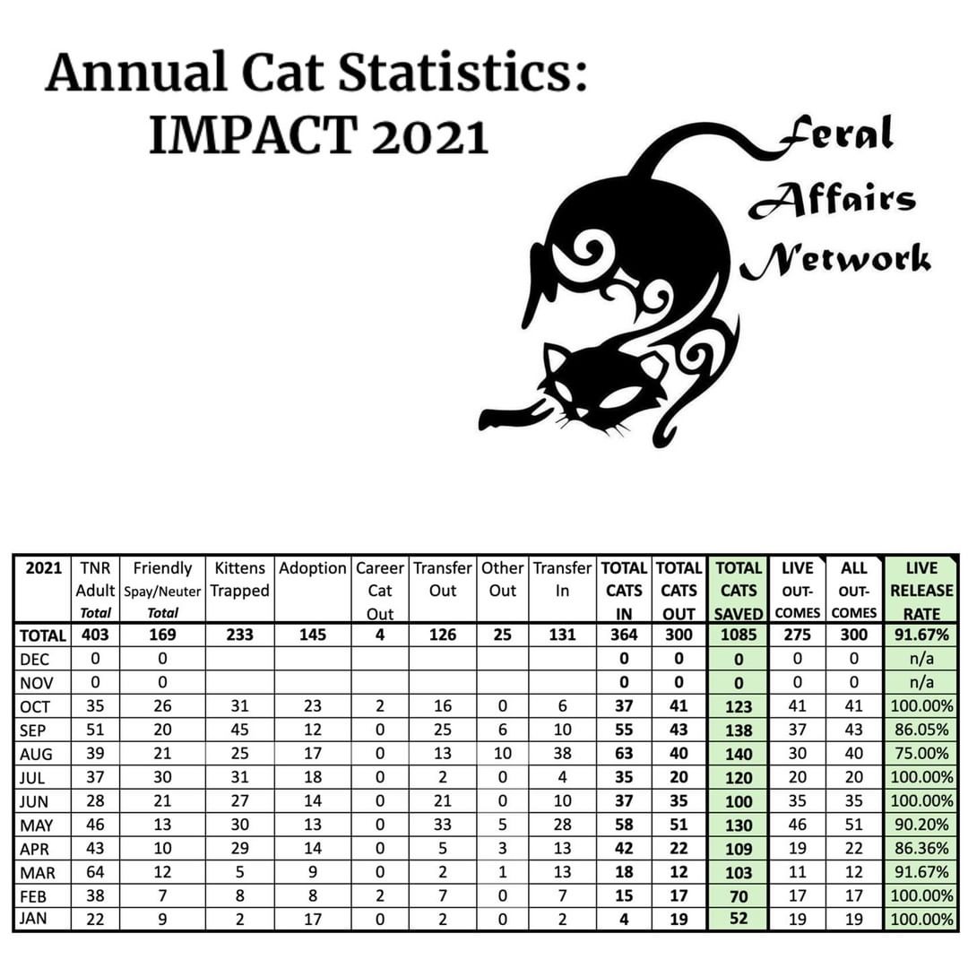 Annual Cat Statistics: IMPACT 2021 

2021 YTD (OCT) Live Release Rate 91.67%
Total Cats Saved YTD = 1,085

At Feral Affairs Network (FAN), we believe public access to key data that we are tracking is vital to the success of our organization. 

Our numbers tell where we've been, where we are, and where we are going. Additionally, we believe in transparency. The best way to tell you, our community, what we are doing is to post our statistics and lifesaving percentage on our website. If our community knows what we are doing, you will be better able to make the decision to support us in becoming champions, volunteers, fosters, donors and/or adopters.

Each adoption, donation and other interaction with you brings us closer to fulfilling our mission to reduce cat overpopulation and provide relief to overcrowded shelters through trap-neuter-return (TNR). FAN is saving the lives of homeless, unwanted, sick, and injured cats by working with our community, i.e., networking (it's in our name!), to provide feline expertise and life-saving programs and services for people and cats. 

Our goal is to have a positive impact on cat homelessness and overpopulation over time. Our lifesaving percentage represents the number of cats saved by Feral Affairs Network.

Feral Affairs Network (FAN) is a 501c3 nonprofit group focused on caring for community cats.
EMAIL: feralaffairsnetwork@gmail.com 
WEB: https://www.feralaffairs.org 
MAIL: 9506B 13th Bay Street, Norfolk, VA 23518
FACEBOOK: FeralAffairsNetwork
INSTAGRAM: feralaffairs
<a target='_blank' href='https://www.instagram.com/explore/tags/adoptFAN/'>#adoptFAN</a> <a target='_blank' href='https://www.instagram.com/explore/tags/supportFAN/'>#supportFAN</a> <a target='_blank' href='https://www.instagram.com/explore/tags/BEaFAN/'>#BEaFAN</a>
ADOPTABLE CATS: https://feralaffairs.petfinder.com 
DONATE: www.paypal.me/feralaffairs