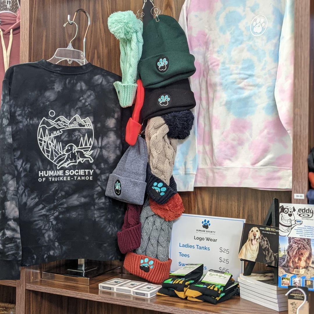 We've restocked the Truckee Shelter Merch Shelves with all of our new sweatshirts, fun gifts and pet supplies! Come in Mon-Sat 1-6pm or shop online.

Our South Lake location also has merch available and items purchased online can be delivered free for in-shelter pick-up. You can also adopt one of our adorable kittens while you are there!