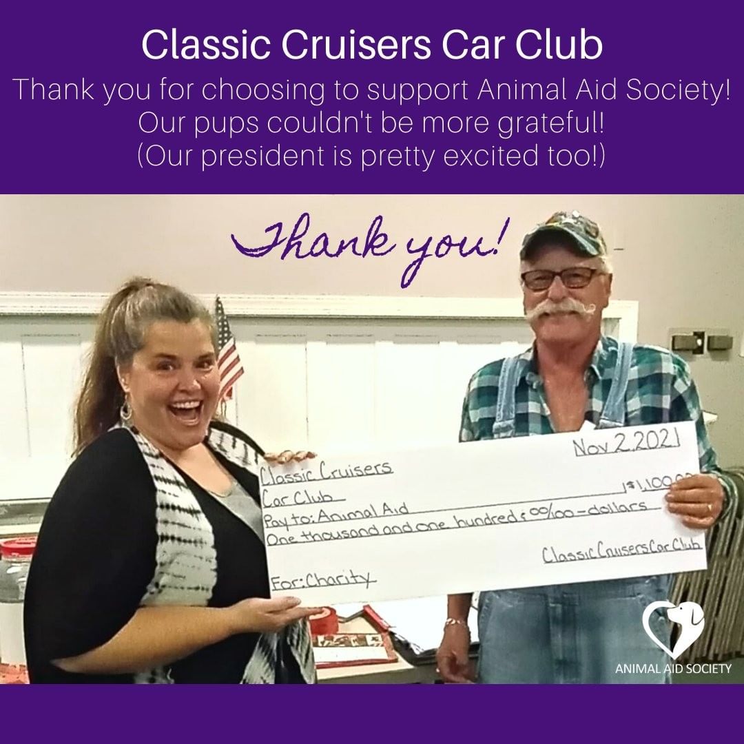 Cue the tail wagging! We want to send a huge THANK YOU to the Classic Cruisers Car Club for choosing us as one of their charities again this year! They collected money from all of their cruise-ins (from April to October) and a bake sale and were able to help seven different charities with a check for $1,100 each! ❤

We wouldn't be able to do what we do without support from our amazing community! Thank you! 🐾

<a target='_blank' href='https://www.instagram.com/explore/tags/classiccruiserscarclub/'>#classiccruiserscarclub</a> <a target='_blank' href='https://www.instagram.com/explore/tags/virginia/'>#virginia</a> <a target='_blank' href='https://www.instagram.com/explore/tags/classiccars/'>#classiccars</a> <a target='_blank' href='https://www.instagram.com/explore/tags/thankyou/'>#thankyou</a> <a target='_blank' href='https://www.instagram.com/explore/tags/charity/'>#charity</a> <a target='_blank' href='https://www.instagram.com/explore/tags/community/'>#community</a> <a target='_blank' href='https://www.instagram.com/explore/tags/shelterdogs/'>#shelterdogs</a> <a target='_blank' href='https://www.instagram.com/explore/tags/givingback/'>#givingback</a> <a target='_blank' href='https://www.instagram.com/explore/tags/donate/'>#donate</a> <a target='_blank' href='https://www.instagram.com/explore/tags/savinglives/'>#savinglives</a> <a target='_blank' href='https://www.instagram.com/explore/tags/together/'>#together</a> <a target='_blank' href='https://www.instagram.com/explore/tags/smile/'>#smile</a> <a target='_blank' href='https://www.instagram.com/explore/tags/dogs/'>#dogs</a> <a target='_blank' href='https://www.instagram.com/explore/tags/animalaidsociety/'>#animalaidsociety</a> <a target='_blank' href='https://www.instagram.com/explore/tags/hamptonva/'>#hamptonva</a> <a target='_blank' href='https://www.instagram.com/explore/tags/757pets/'>#757pets</a> <a target='_blank' href='https://www.instagram.com/explore/tags/adoptdontshop/'>#adoptdontshop</a> <a target='_blank' href='https://www.instagram.com/explore/tags/partner/'>#partner</a>