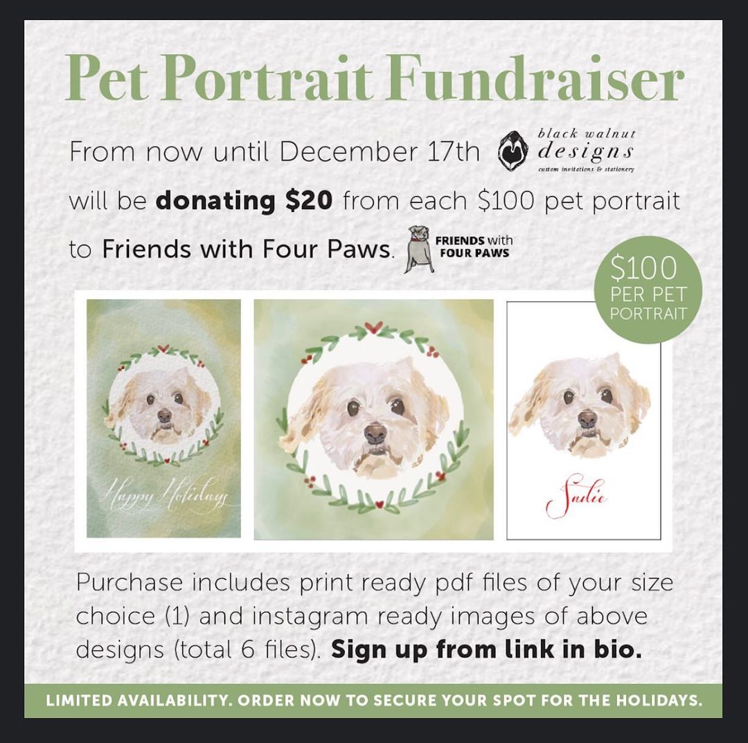 Pet Lovers!! Thinking about holiday gifts? Cards? Portraits you hang above your mantle? We can help!! Well, actually, @blackwalnutdesigns_llc can help (and it helps us)!! For every portrait package ordered, they are donating $20 to FWFP! It’s the season, Pals!! Link in our bio to order (or head to their IG for more info! And follow them while you’re there- they’re great!) So start picking pics of your pet cuz this package is picture perfect!! 

<a target='_blank' href='https://www.instagram.com/explore/tags/fwfp/'>#fwfp</a> <a target='_blank' href='https://www.instagram.com/explore/tags/fundraising/'>#fundraising</a> <a target='_blank' href='https://www.instagram.com/explore/tags/rescuelife/'>#rescuelife</a> <a target='_blank' href='https://www.instagram.com/explore/tags/art/'>#art</a> <a target='_blank' href='https://www.instagram.com/explore/tags/portraits/'>#portraits</a> <a target='_blank' href='https://www.instagram.com/explore/tags/petgifts/'>#petgifts</a> <a target='_blank' href='https://www.instagram.com/explore/tags/helpingothers/'>#helpingothers</a> <a target='_blank' href='https://www.instagram.com/explore/tags/holidayseason/'>#holidayseason</a> <a target='_blank' href='https://www.instagram.com/explore/tags/love/'>#love</a> <a target='_blank' href='https://www.instagram.com/explore/tags/adoptdontshop/'>#adoptdontshop</a> <a target='_blank' href='https://www.instagram.com/explore/tags/getadogahome/'>#getadogahome</a>