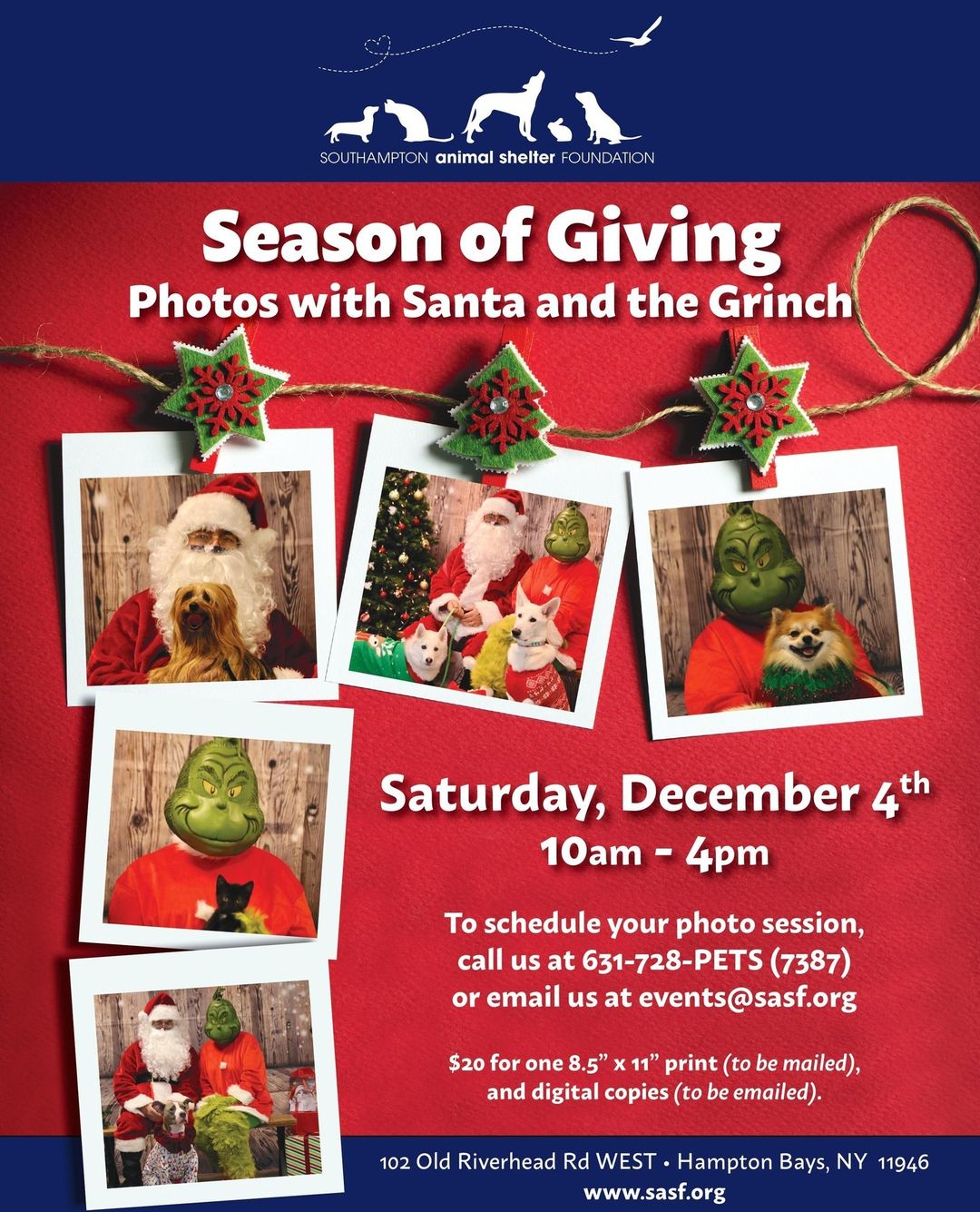 Enjoy the Season of Giving with photos with Santa and the Grinch Saturday, December 4 from 10-4pm. To schedule your pet photo session, please call 631.728.PETS or email events@sasf.org! <a target='_blank' href='https://www.instagram.com/explore/tags/HappyHolidays/'>#HappyHolidays</a>⁠
⁠
⁠
⁠
⁠
⁠
.⠀⠀⠀⠀⁠⁠
.⁠⠀⠀⠀⠀⠀⠀⠀⠀⠀⁠⁠
.⁠⠀⠀⠀⠀⠀⠀⠀⠀⠀⁠⁠
.⁠⠀⠀⠀⠀⠀⠀⠀⠀⠀⁠⁠
.⁠⠀⠀⠀⠀⠀⠀⠀⠀⠀⁠⁠
.⁠⠀⠀⠀⠀⠀⠀⠀⠀⠀⁠⁠
.⁠⠀⠀⠀⠀⠀⠀⠀⠀⠀⁠⁠
<a target='_blank' href='https://www.instagram.com/explore/tags/adoptdontshop/'>#adoptdontshop</a> <a target='_blank' href='https://www.instagram.com/explore/tags/adopt/'>#adopt</a> <a target='_blank' href='https://www.instagram.com/explore/tags/foster/'>#foster</a> <a target='_blank' href='https://www.instagram.com/explore/tags/rescue/'>#rescue</a> <a target='_blank' href='https://www.instagram.com/explore/tags/adoption/'>#adoption</a> <a target='_blank' href='https://www.instagram.com/explore/tags/happytail/'>#happytail</a> <a target='_blank' href='https://www.instagram.com/explore/tags/happytails/'>#happytails</a> <a target='_blank' href='https://www.instagram.com/explore/tags/rescuedog/'>#rescuedog</a> <a target='_blank' href='https://www.instagram.com/explore/tags/rescuedogs/'>#rescuedogs</a> <a target='_blank' href='https://www.instagram.com/explore/tags/rescuedogsofinstagram/'>#rescuedogsofinstagram</a> <a target='_blank' href='https://www.instagram.com/explore/tags/rescuedogsofli/'>#rescuedogsofli</a> <a target='_blank' href='https://www.instagram.com/explore/tags/rescuedogsoflongisland/'>#rescuedogsoflongisland</a> <a target='_blank' href='https://www.instagram.com/explore/tags/longislandrescuedogs/'>#longislandrescuedogs</a> <a target='_blank' href='https://www.instagram.com/explore/tags/rescuecat/'>#rescuecat</a> <a target='_blank' href='https://www.instagram.com/explore/tags/rescuecats/'>#rescuecats</a> <a target='_blank' href='https://www.instagram.com/explore/tags/rescuecatsoflongisland/'>#rescuecatsoflongisland</a> <a target='_blank' href='https://www.instagram.com/explore/tags/rescuecatsofinstagram/'>#rescuecatsofinstagram</a> <a target='_blank' href='https://www.instagram.com/explore/tags/meow/'>#meow</a> <a target='_blank' href='https://www.instagram.com/explore/tags/rescuepet/'>#rescuepet</a> <a target='_blank' href='https://www.instagram.com/explore/tags/rescuepets/'>#rescuepets</a> <a target='_blank' href='https://www.instagram.com/explore/tags/rescuepetsofinstagram/'>#rescuepetsofinstagram</a> <a target='_blank' href='https://www.instagram.com/explore/tags/rescuepetsoflongisland/'>#rescuepetsoflongisland</a> <a target='_blank' href='https://www.instagram.com/explore/tags/rescuepetsofli/'>#rescuepetsofli</a> <a target='_blank' href='https://www.instagram.com/explore/tags/instapet/'>#instapet</a> <a target='_blank' href='https://www.instagram.com/explore/tags/instacute/'>#instacute</a> <a target='_blank' href='https://www.instagram.com/explore/tags/instagood/'>#instagood</a> <a target='_blank' href='https://www.instagram.com/explore/tags/instadog/'>#instadog</a> <a target='_blank' href='https://www.instagram.com/explore/tags/instacat/'>#instacat</a> <a target='_blank' href='https://www.instagram.com/explore/tags/petstagram/'>#petstagram</a>