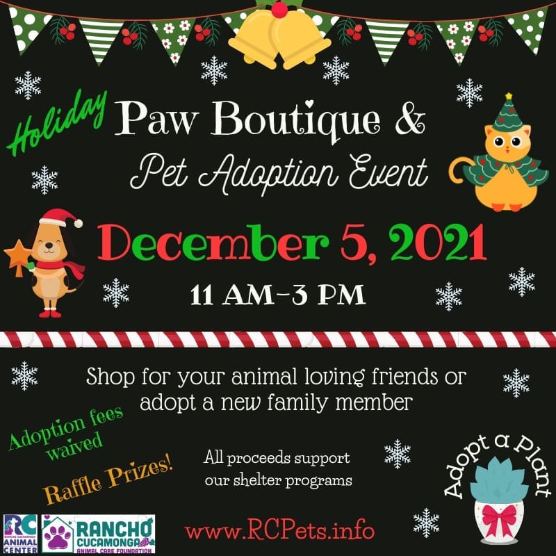 Join us on Sunday December 5th from 11AM-3PM for our Holiday Paw Boutique and Pet Adoption event. Shop for friends & family or treat yourself to some unique gifts for folks that love pets!  We will have awesome raffles and our famous Adopt a Plant booth will be open. Adoption fees will be waived. 
.......................
Cannot attend the event but want to help? We are accepting new items for pets and people.  Gift cards, coffee mugs, holiday themed items and crafts are great! Donations can be dropped off at the Animal Center before November 24th, 2021 <a target='_blank' href='https://www.instagram.com/explore/tags/CreatingPAWsitiveImpact/'>#CreatingPAWsitiveImpact</a>