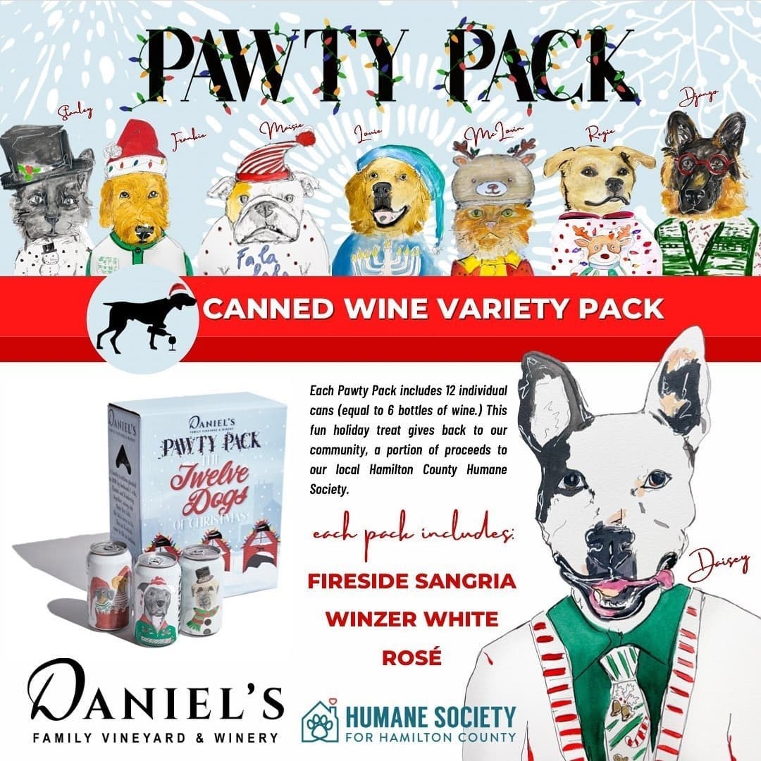 Check out our very own Daisy and McLovin featured in @danielsvineyard Pawty Pack! Be sure to grab one for the holidays - a portion of proceeds benefit the animals in our care 🐾 

Learn more at danielsvineyard.com/pawtypack.