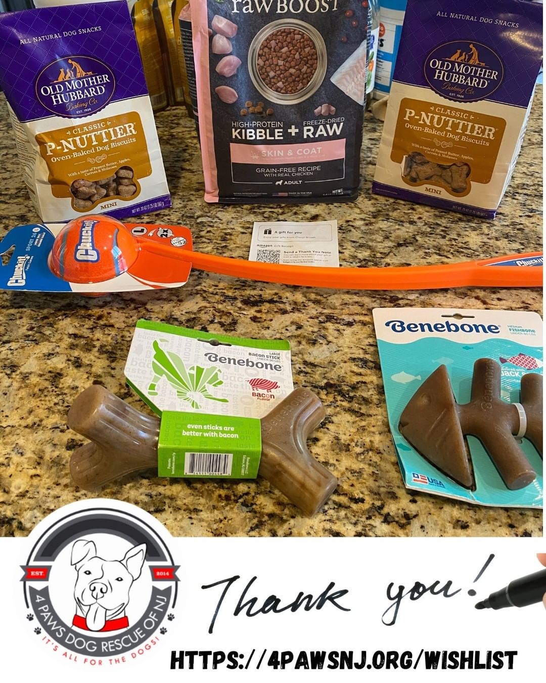 Thank You Cheryl for this gift box you sent to us. When our adoptables find their forever home, we always give a nice gift basket on every adoption. Go to https://4pawsnj.org/wishlist to donate items to be used as adoption gifts. All items are tax deductible and ship directly to us.