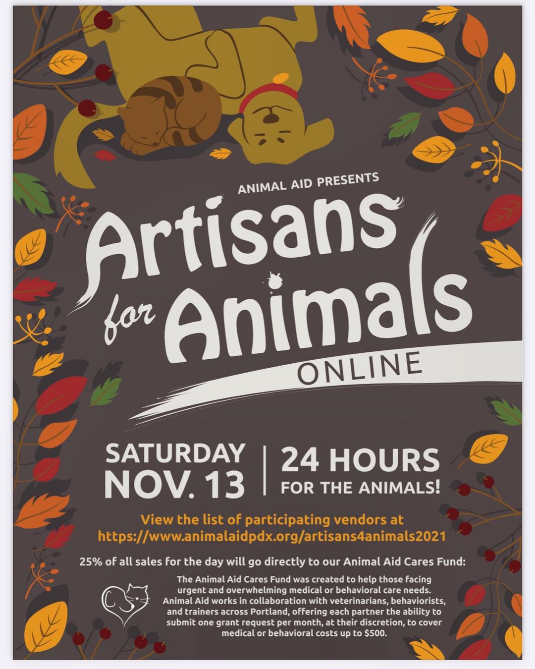 Artisans for Animals!
•
•
24 hours for the animals, tomorrow, Saturday, November 13th! Join us online to support our vendors as they give back 25% of their sales that day for our emergency care fund! For a list of vendors you can visit our website: animalaidpdx.org and click on the events tab! Get your holiday shopping done early! It’s a win-win!