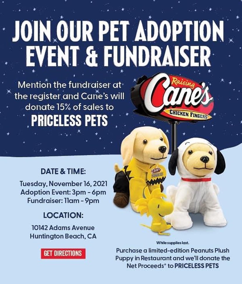 Come join us at @raisingcanes in Huntington Beach for dinner. ✨
SWIPE for some adorable pics of our <a target='_blank' href='https://www.instagram.com/explore/tags/adoptable/'>#adoptable</a> dogs that are at the event tonight! ♥️

✔️Donate: pricelesspetrescue.org/donate/
✔️Venmo: @pricelesspetrescue
✔️PayPal: priceless.pets@yahoo.com
✔️Wishlist: shorturl.at/tBCKS
____________________________________________________
<a target='_blank' href='https://www.instagram.com/explore/tags/pricelesspetrescue/'>#pricelesspetrescue</a> <a target='_blank' href='https://www.instagram.com/explore/tags/pricelesspets/'>#pricelesspets</a> <a target='_blank' href='https://www.instagram.com/explore/tags/adopt/'>#adopt</a> <a target='_blank' href='https://www.instagram.com/explore/tags/rescue/'>#rescue</a> <a target='_blank' href='https://www.instagram.com/explore/tags/costamesa/'>#costamesa</a> <a target='_blank' href='https://www.instagram.com/explore/tags/claremont/'>#claremont</a> <a target='_blank' href='https://www.instagram.com/explore/tags/chinohills/'>#chinohills</a> <a target='_blank' href='https://www.instagram.com/explore/tags/inlandempire/'>#inlandempire</a> <a target='_blank' href='https://www.instagram.com/explore/tags/orangecounty/'>#orangecounty</a> <a target='_blank' href='https://www.instagram.com/explore/tags/lacounty/'>#lacounty</a> <a target='_blank' href='https://www.instagram.com/explore/tags/dogsrock/'>#dogsrock</a> <a target='_blank' href='https://www.instagram.com/explore/tags/dogsinneed/'>#dogsinneed</a> <a target='_blank' href='https://www.instagram.com/explore/tags/adoptme/'>#adoptme</a> <a target='_blank' href='https://www.instagram.com/explore/tags/petsofinstagram/'>#petsofinstagram</a> <a target='_blank' href='https://www.instagram.com/explore/tags/dogsofinstagram/'>#dogsofinstagram</a> <a target='_blank' href='https://www.instagram.com/explore/tags/dogstagram/'>#dogstagram</a> <a target='_blank' href='https://www.instagram.com/explore/tags/catsofinstagram/'>#catsofinstagram</a> <a target='_blank' href='https://www.instagram.com/explore/tags/catsinneed/'>#catsinneed</a> <a target='_blank' href='https://www.instagram.com/explore/tags/catsrock/'>#catsrock</a> <a target='_blank' href='https://www.instagram.com/explore/tags/catstagram/'>#catstagram</a> <a target='_blank' href='https://www.instagram.com/explore/tags/rabbitstagram/'>#rabbitstagram</a> <a target='_blank' href='https://www.instagram.com/explore/tags/rabbitsofinstagram/'>#rabbitsofinstagram</a> <a target='_blank' href='https://www.instagram.com/explore/tags/rabbitsofig/'>#rabbitsofig</a> <a target='_blank' href='https://www.instagram.com/explore/tags/rescuebunnies/'>#rescuebunnies</a> <a target='_blank' href='https://www.instagram.com/explore/tags/petrescue/'>#petrescue</a> <a target='_blank' href='https://www.instagram.com/explore/tags/nokillshelter/'>#nokillshelter</a> <a target='_blank' href='https://www.instagram.com/explore/tags/nonprofit/'>#nonprofit</a>