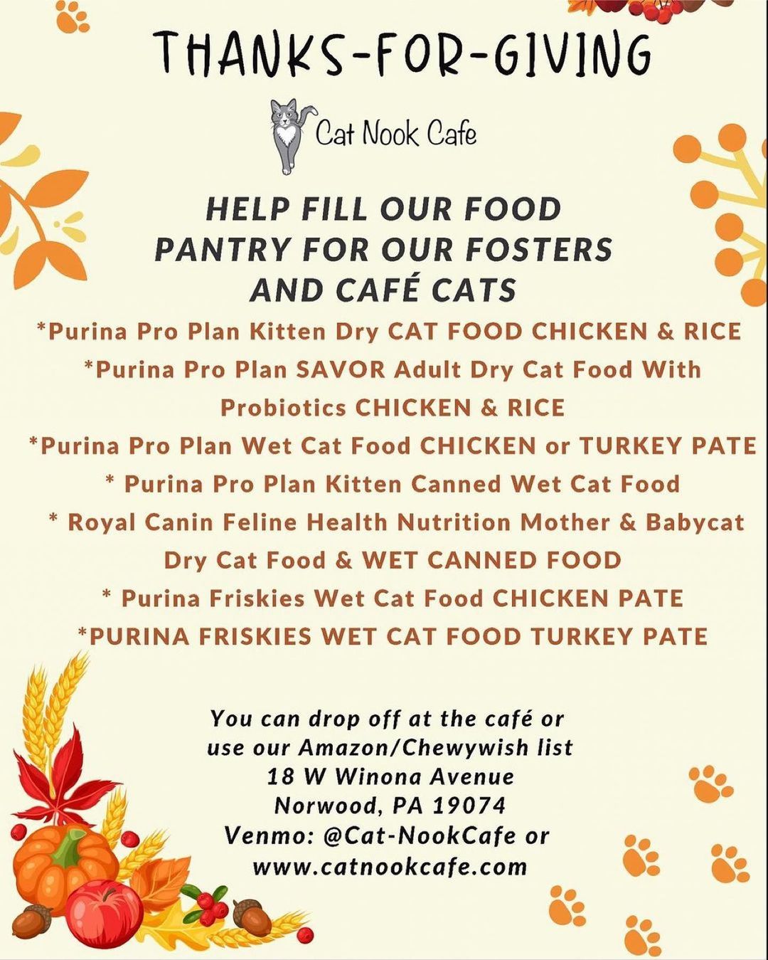 This month brings our annual “Thanks For Giving” food drive ♥️🐾

We are currently at close to 100 kittens & cats in our foster homes, adoption centers & at the café. As you can imagine that is a lot of little mouths to feed!

We rely heavily on the donations of our supporters and appreciate how generous you are. We truly could not do it without. 

There are several ways to donate:

-You can drop the specific food off we are requesting  @thecatnookcafe 

-Venmo @Cat-NookCafe 

-Our Cuddly link:
https://cuddly.com/donate/4899060/animal-coalition-of-delaware-county-inc

-Chewy link:

https://www.chewy.com/g/animal-coalition-of-delaware-county-inc_b71627599<a target='_blank' href='https://www.instagram.com/explore/tags/wish/'>#wish</a>-list

-Our Amazon wishlist:
https://www.amazon.com/hz/wishlist/ls/1RIW4LLHGA4WZ?ref_=wl_share