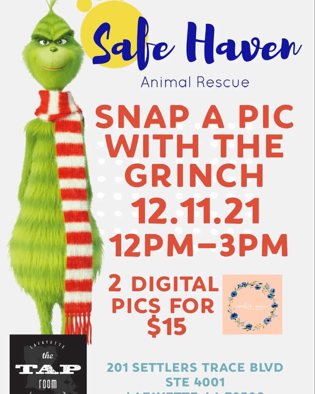 Time to mark your calendars for our annual Christmas pics fund raiser.  This year we have the Grinch! Bring your fur kids and human kids!
<a target='_blank' href='https://www.instagram.com/explore/tags/safehavenanimalrescue/'>#safehavenanimalrescue</a>  <a target='_blank' href='https://www.instagram.com/explore/tags/christmasfundraiser/'>#christmasfundraiser</a> <a target='_blank' href='https://www.instagram.com/explore/tags/thegrinch/'>#thegrinch</a> <a target='_blank' href='https://www.instagram.com/explore/tags/adoptdontshop/'>#adoptdontshop</a> <a target='_blank' href='https://www.instagram.com/explore/tags/rescuedogsrock/'>#rescuedogsrock</a> <a target='_blank' href='https://www.instagram.com/explore/tags/thetaproom/'>#thetaproom</a> <a target='_blank' href='https://www.instagram.com/explore/tags/ambermariephotography/'>#ambermariephotography</a>