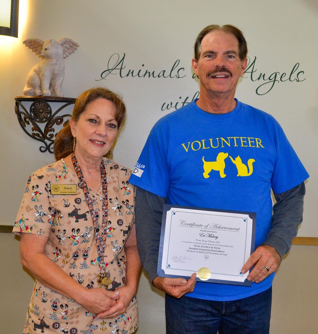 Congratulations to three of our amazing volunteers for their certificates of achievements on the service hours they’ve dedicated to the shelter! Ed Mulvey has over 470 hours, Jeaneen Austin over 215 hours, and Suzanne Merchey over 775 hours. These numbers combined equate to over 1,450 hours of work just to help our animals in need! Thank you so much to our volunteers for all the passion and hard work for a great cause. We couldn’t do it without you! <a target='_blank' href='https://www.instagram.com/explore/tags/animalfriendsofthevalleys/'>#animalfriendsofthevalleys</a> <a target='_blank' href='https://www.instagram.com/explore/tags/donationsplease/'>#donationsplease</a> <a target='_blank' href='https://www.instagram.com/explore/tags/adoptdontshop/'>#adoptdontshop</a> <a target='_blank' href='https://www.instagram.com/explore/tags/helpyourlocalshelter/'>#helpyourlocalshelter</a> <a target='_blank' href='https://www.instagram.com/explore/tags/savetheanimals/'>#savetheanimals</a> <a target='_blank' href='https://www.instagram.com/explore/tags/catsanddogs/'>#catsanddogs</a> <a target='_blank' href='https://www.instagram.com/explore/tags/dogs/'>#dogs</a> <a target='_blank' href='https://www.instagram.com/explore/tags/cats/'>#cats</a> <a target='_blank' href='https://www.instagram.com/explore/tags/adoptions/'>#adoptions</a>