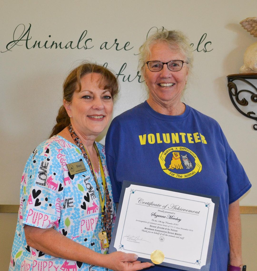 Congratulations to three of our amazing volunteers for their certificates of achievements on the service hours they’ve dedicated to the shelter! Ed Mulvey has over 470 hours, Jeaneen Austin over 215 hours, and Suzanne Merchey over 775 hours. These numbers combined equate to over 1,450 hours of work just to help our animals in need! Thank you so much to our volunteers for all the passion and hard work for a great cause. We couldn’t do it without you! <a target='_blank' href='https://www.instagram.com/explore/tags/animalfriendsofthevalleys/'>#animalfriendsofthevalleys</a> <a target='_blank' href='https://www.instagram.com/explore/tags/donationsplease/'>#donationsplease</a> <a target='_blank' href='https://www.instagram.com/explore/tags/adoptdontshop/'>#adoptdontshop</a> <a target='_blank' href='https://www.instagram.com/explore/tags/helpyourlocalshelter/'>#helpyourlocalshelter</a> <a target='_blank' href='https://www.instagram.com/explore/tags/savetheanimals/'>#savetheanimals</a> <a target='_blank' href='https://www.instagram.com/explore/tags/catsanddogs/'>#catsanddogs</a> <a target='_blank' href='https://www.instagram.com/explore/tags/dogs/'>#dogs</a> <a target='_blank' href='https://www.instagram.com/explore/tags/cats/'>#cats</a> <a target='_blank' href='https://www.instagram.com/explore/tags/adoptions/'>#adoptions</a>