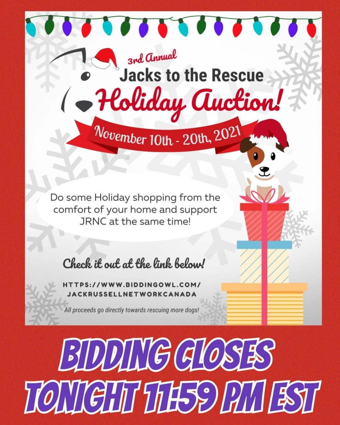 Bidding closes tonight, Sat Nov 20 at 11:59 pm EST!!!

Get your holiday shopping done and do it with purpose - saving dogs!!

LINK IN BIO

<a target='_blank' href='https://www.instagram.com/explore/tags/jackrussellnetworkcanada/'>#jackrussellnetworkcanada</a>
<a target='_blank' href='https://www.instagram.com/explore/tags/jackstotherescueholidayauction/'>#jackstotherescueholidayauction</a> <a target='_blank' href='https://www.instagram.com/explore/tags/jackstotherescue/'>#jackstotherescue</a> <a target='_blank' href='https://www.instagram.com/explore/tags/thisisrescue/'>#thisisrescue</a> <a target='_blank' href='https://www.instagram.com/explore/tags/adopt/'>#adopt</a> <a target='_blank' href='https://www.instagram.com/explore/tags/foster/'>#foster</a> <a target='_blank' href='https://www.instagram.com/explore/tags/donate/'>#donate</a> <a target='_blank' href='https://www.instagram.com/explore/tags/volunteer/'>#volunteer</a> <a target='_blank' href='https://www.instagram.com/explore/tags/rescuejacks/'>#rescuejacks</a> <a target='_blank' href='https://www.instagram.com/explore/tags/volunteers/'>#volunteers</a> <a target='_blank' href='https://www.instagram.com/explore/tags/savemoredogs/'>#savemoredogs</a> <a target='_blank' href='https://www.instagram.com/explore/tags/savedogs/'>#savedogs</a> <a target='_blank' href='https://www.instagram.com/explore/tags/rescuedogs/'>#rescuedogs</a>