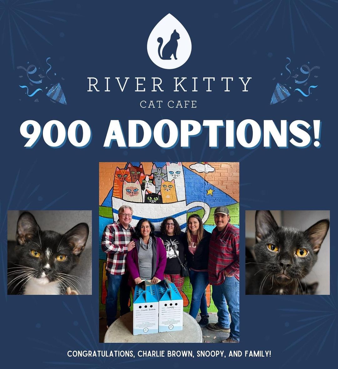 @riverkittycatcafe just hit 900 adoptions!

We're thrilled to celebrate the 900th (and 901st) cats adopted from River Kitty: brothers Snoopy and Charlie Brown, who were adopted together. 900 cats and countless humans' lives have been changed forever when they walked into our cat lounge for a cuddle session. Congrats!

River Kitty gives VHS cats the opportunity to live in a cozy cafe during their stay and receive lots of love from the cafe's visitors, whether they're looking to adopt or just grab a delicious drink ☕️

River Kitty is not just a place for VHS cats to find adopters, it's also a nonprofit program of the VHS, meaning 100% of the cafe's proceeds fund life-saving animal welfare work in our community. 

Visit us at 226 Main Street!