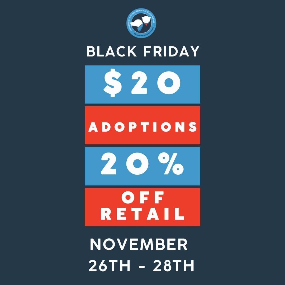 Find your new BFF and snag a discounted leash and toy on your way out this Black Friday with $20 adoptions and 20% off all retail items! *Closed Thanksgiving Day* <a target='_blank' href='https://www.instagram.com/explore/tags/caapets/'>#caapets</a> <a target='_blank' href='https://www.instagram.com/explore/tags/gobblegobble/'>#gobblegobble</a>