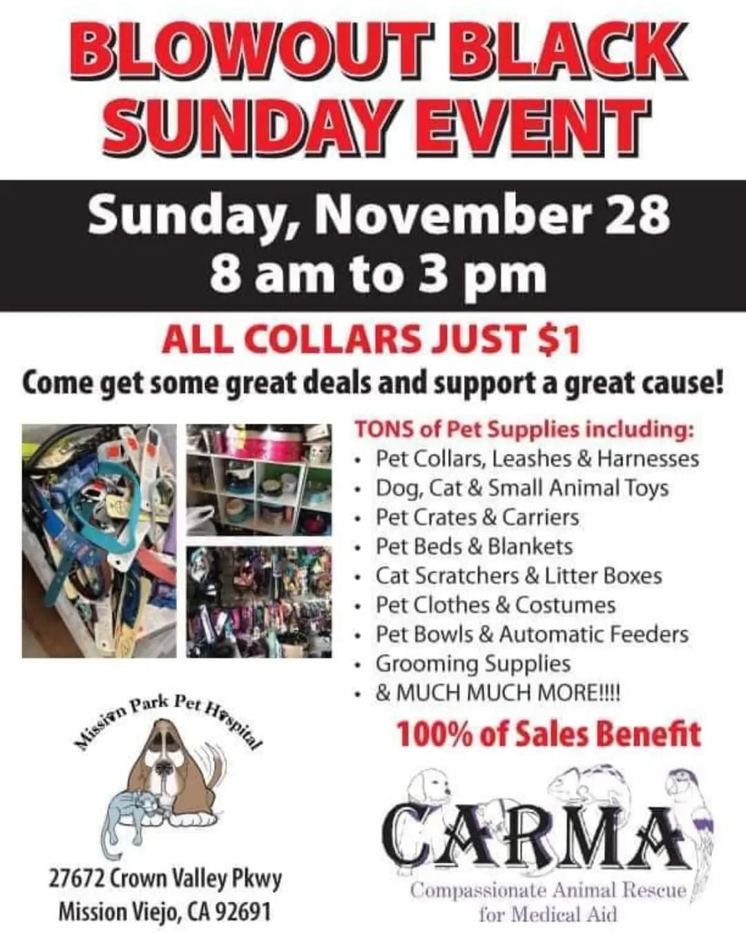 SUNDAY! SUNDAY! SUNDAY!! All proceeds benefit CARMA. Come see our sale on November 28th from 8am to 3pm. <a target='_blank' href='https://www.instagram.com/explore/tags/petsupply/'>#petsupply</a> <a target='_blank' href='https://www.instagram.com/explore/tags/petsupplies/'>#petsupplies</a> <a target='_blank' href='https://www.instagram.com/explore/tags/pets/'>#pets</a> <a target='_blank' href='https://www.instagram.com/explore/tags/sale/'>#sale</a> <a target='_blank' href='https://www.instagram.com/explore/tags/fundraiser/'>#fundraiser</a> <a target='_blank' href='https://www.instagram.com/explore/tags/carma_oc_rescue/'>#carma_oc_rescue</a>