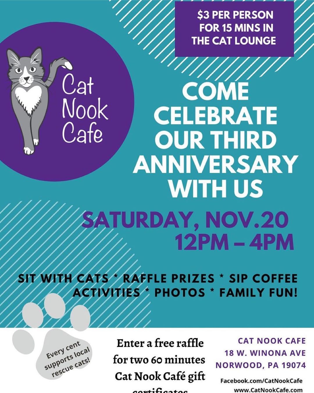 Come Celebrate our third anniversary with us! 🐾 @thecatnookcafe 

Sit with cats • win Raffle prizes • Sip coffee • activities • photos • family fun!

$3 per person for 15 mins in the cat lounge

Enter a free raffle for two 60 minutes Cat Nook Café gift certificates

<a target='_blank' href='https://www.instagram.com/explore/tags/thingstodoindelco/'>#thingstodoindelco</a> <a target='_blank' href='https://www.instagram.com/explore/tags/anniversary/'>#anniversary</a> <a target='_blank' href='https://www.instagram.com/explore/tags/acdcrescue/'>#acdcrescue</a> <a target='_blank' href='https://www.instagram.com/explore/tags/thecatnookcafe/'>#thecatnookcafe</a>