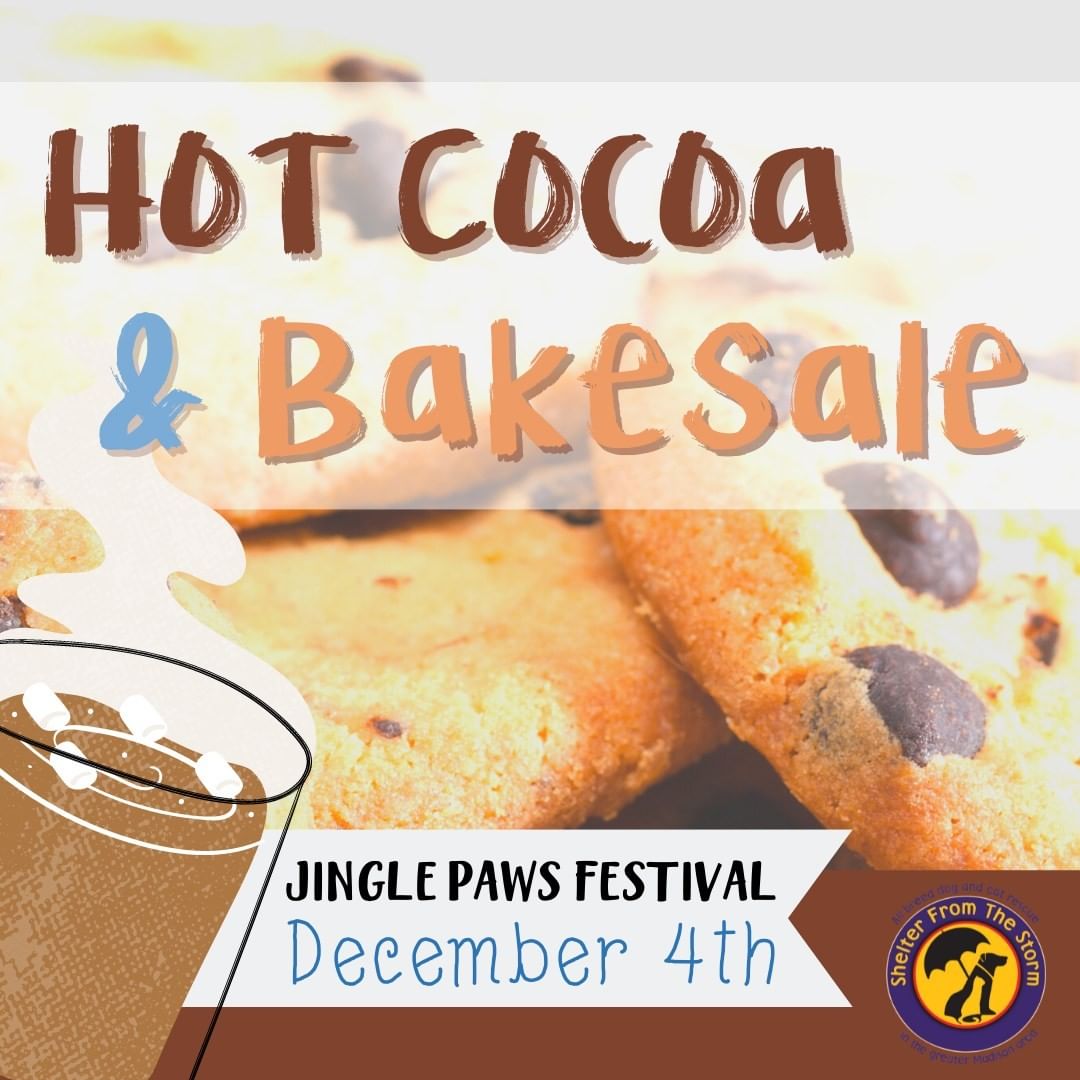 At our Annual Jingle Paws Festival this December 4th we will be having lots of fun activities to participate in!
Join us for some hot cocoa or get some delicious treats made by volunteers at our bake sale! 

Pre-purchase tickets for the event will be available soon so keep an eye out!

Vote for what other activities you'd like to see at the event: https://docs.google.com/.../1FAIpQLSdYGAPuAeSipA.../viewform