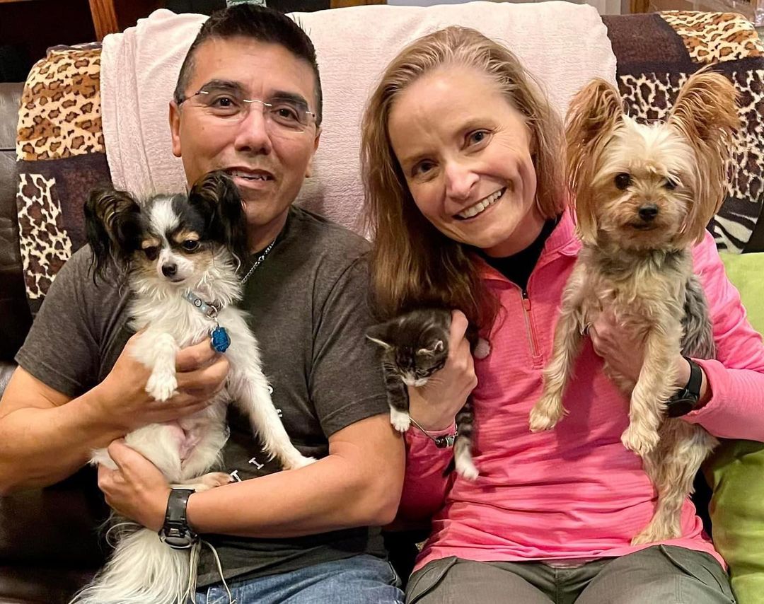 Talk about winning the jackpot, little Bucky, on the left, found an awesome forever Mom and Dad and an adorable sister to play with.  The kitten is a temporary house guest who will boss the doggies around until he goes to his forever home.  So much cuteness in this photo!! Happy life sweet boy! 🐾🎉🎉❤️😊